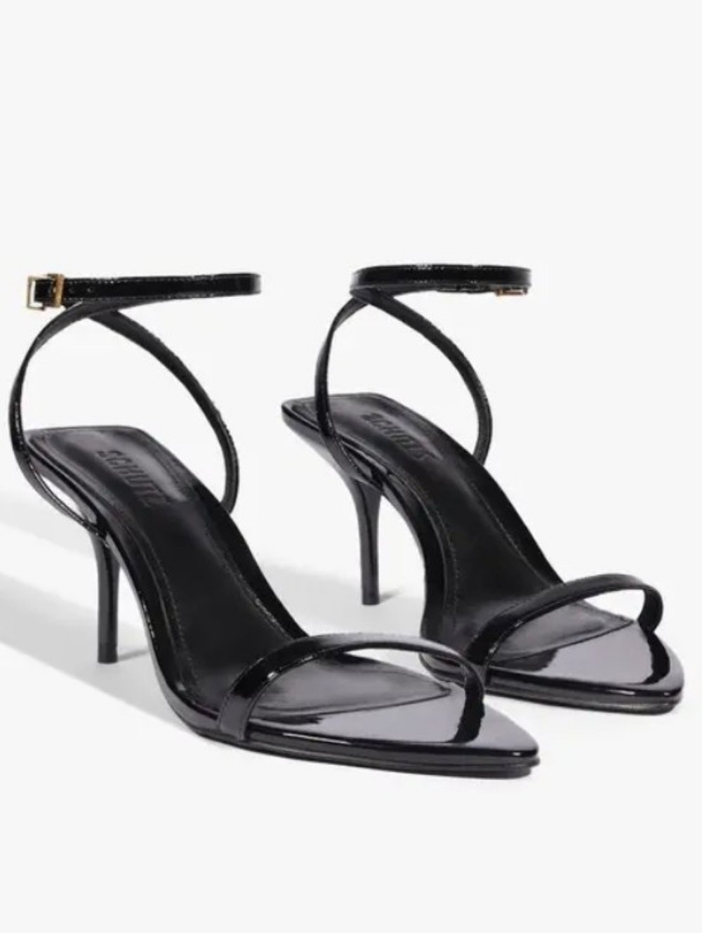 SCHUTZ Size 10 Ankle Strap Stiletto Heel Black Patent Leather Melanie Pointy Toe